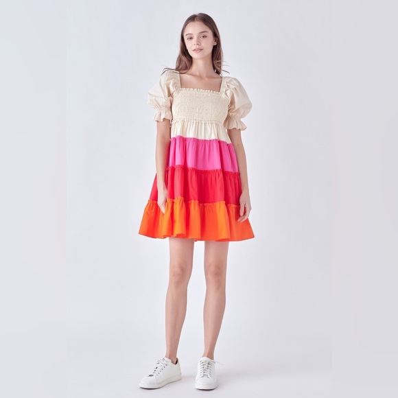 English Factory Dresses & Skirts - ENGLISH FACTORY Colorblock Smocked Puff Sleeve Mini Dress New With Tags